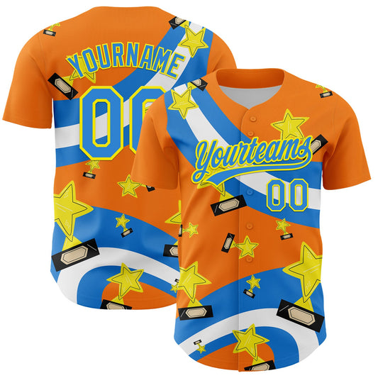 Custom Bay Orange Electric Blue-Light Yellow 3D Pattern Design Champion Trophy Authentic Baseball Jersey - Sky-Custom