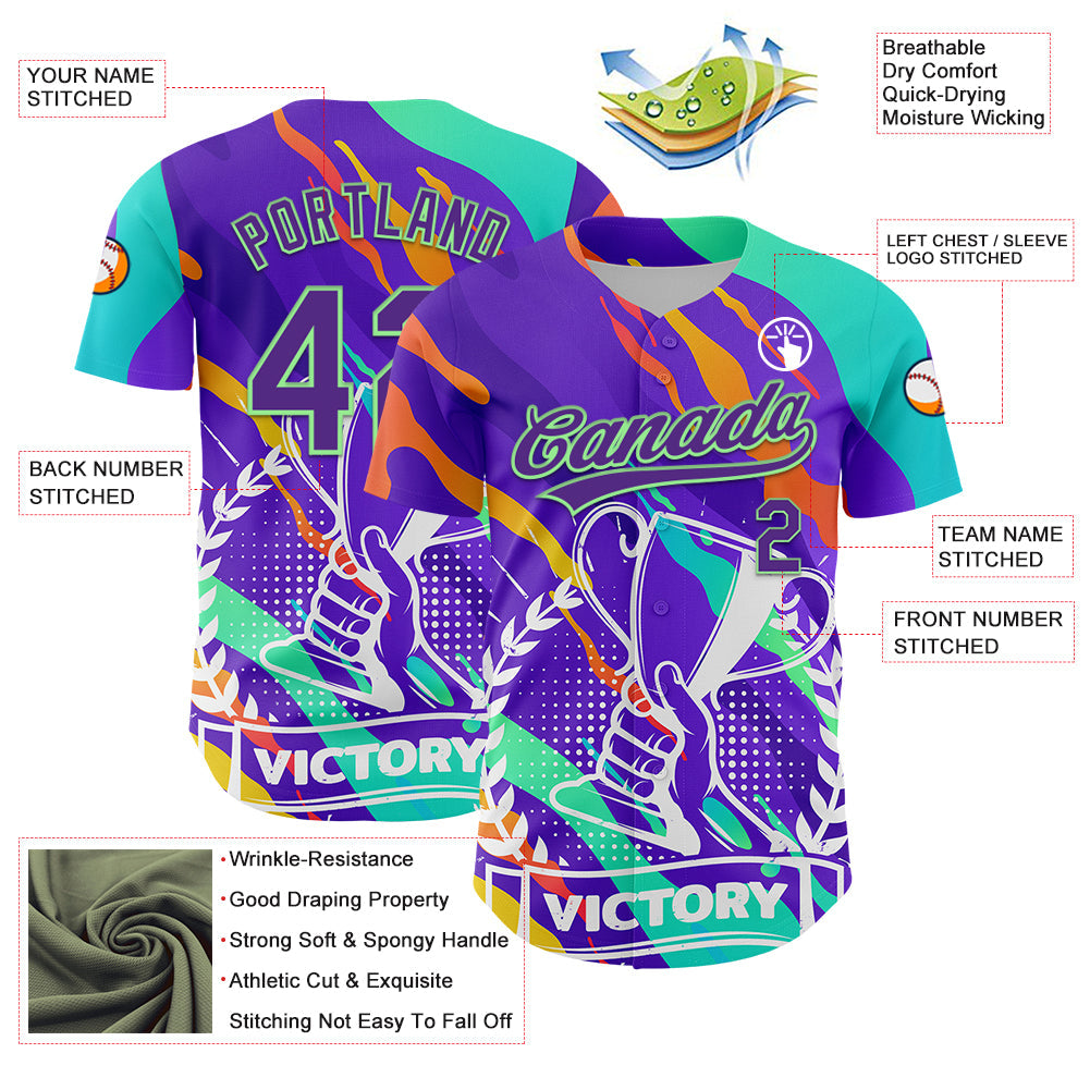 Custom Purple Pea Green 3D Pattern Design Champion Trophy Authentic Baseball Jersey - Sky-Custom