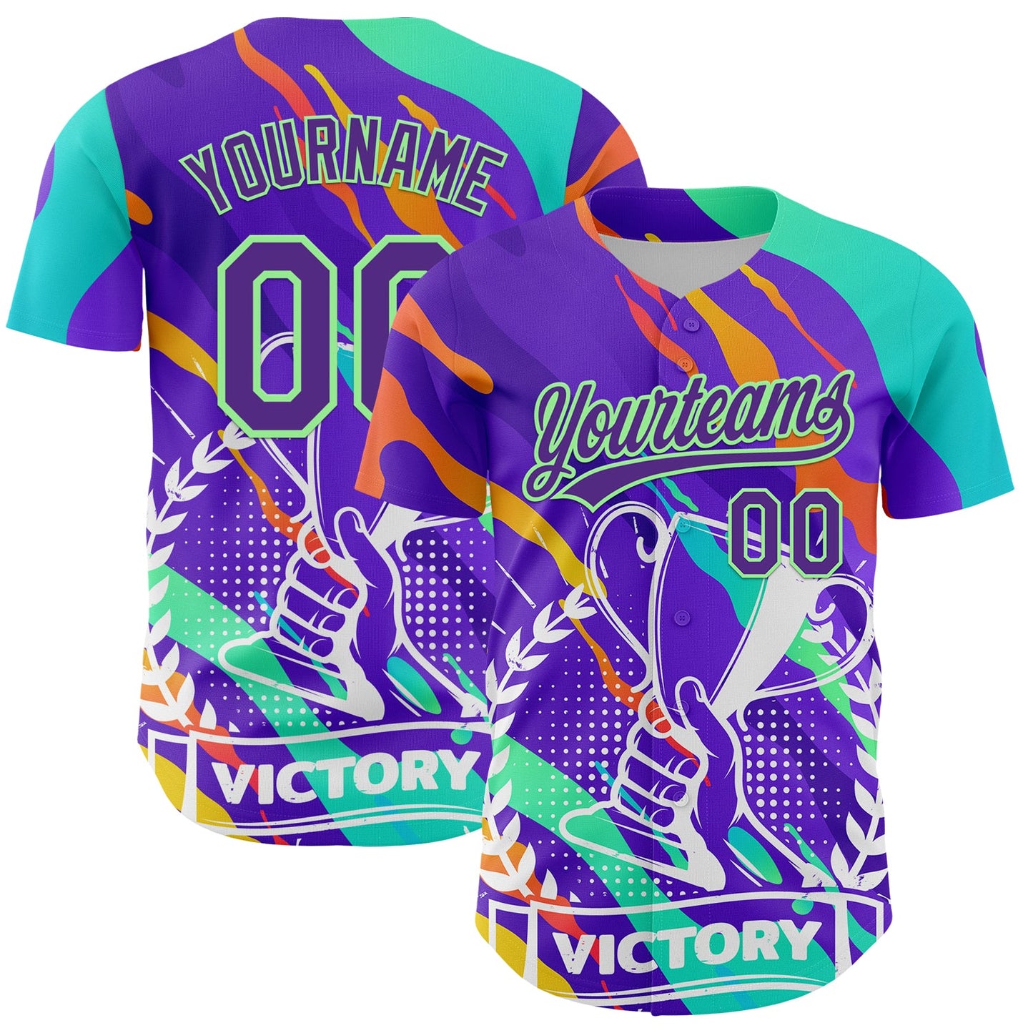 Custom Purple Pea Green 3D Pattern Design Champion Trophy Authentic Baseball Jersey - Sky-Custom