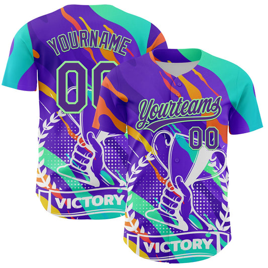 Custom Purple Pea Green 3D Pattern Design Champion Trophy Authentic Baseball Jersey - Sky-Custom