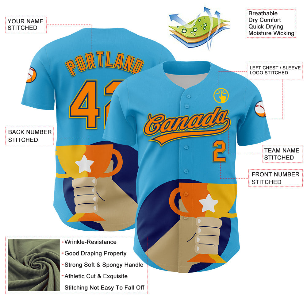 Custom Sky Blue Bay Orange US Navy Blue-Yellow 3D Pattern Design Champion Trophy Authentic Baseball Jersey - Sky-Custom