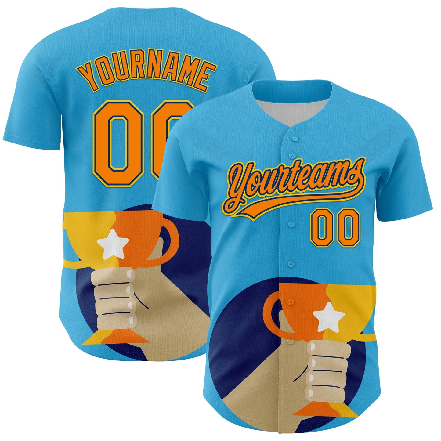 Custom Sky Blue Bay Orange US Navy Blue-Yellow 3D Pattern Design Champion Trophy Authentic Baseball Jersey - Sky-Custom