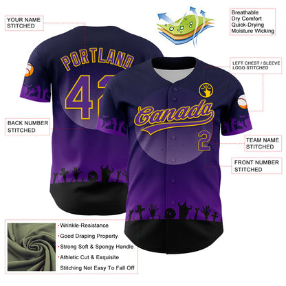 Custom Black Purple-Yellow 3D Pattern Halloween Skull Authentic Baseball Jersey - Sky-Custom
