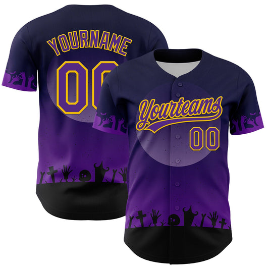 Custom Black Purple-Yellow 3D Pattern Halloween Skull Authentic Baseball Jersey - Sky-Custom
