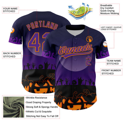 Custom Black Purple-Bay Orange 3D Pattern Halloween Skull Authentic Baseball Jersey - Sky-Custom
