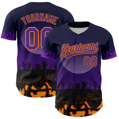 Custom Black Purple-Bay Orange 3D Pattern Halloween Skull Authentic Baseball Jersey - Sky-Custom