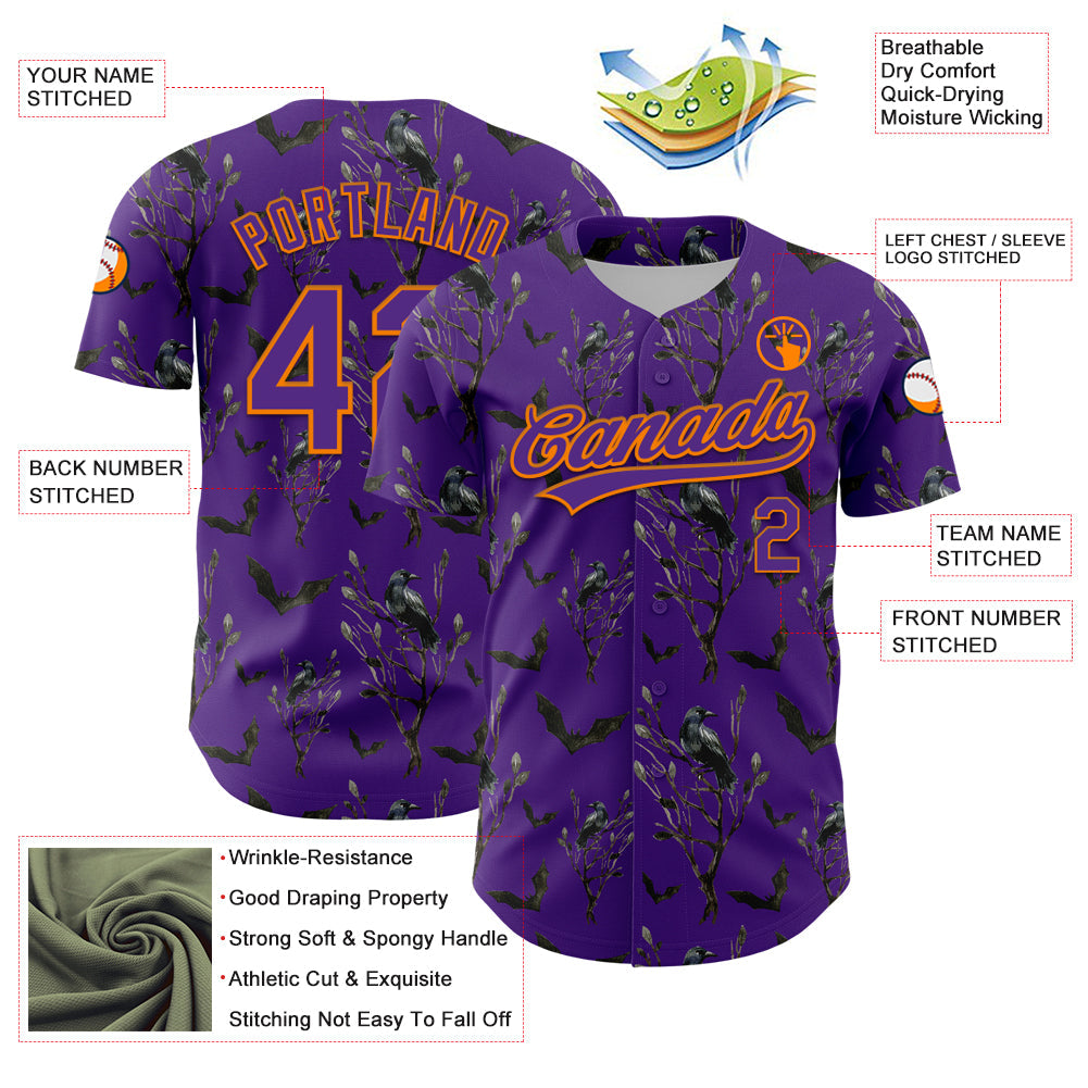 Custom Purple Bay Orange 3D Pattern Halloween Authentic Baseball Jersey - Sky-Custom