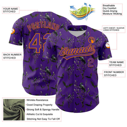 Custom Purple Bay Orange 3D Pattern Halloween Authentic Baseball Jersey - Sky-Custom
