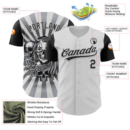 Custom White Black 3D Pattern Halloween Skull Authentic Baseball Jersey - Sky-Custom