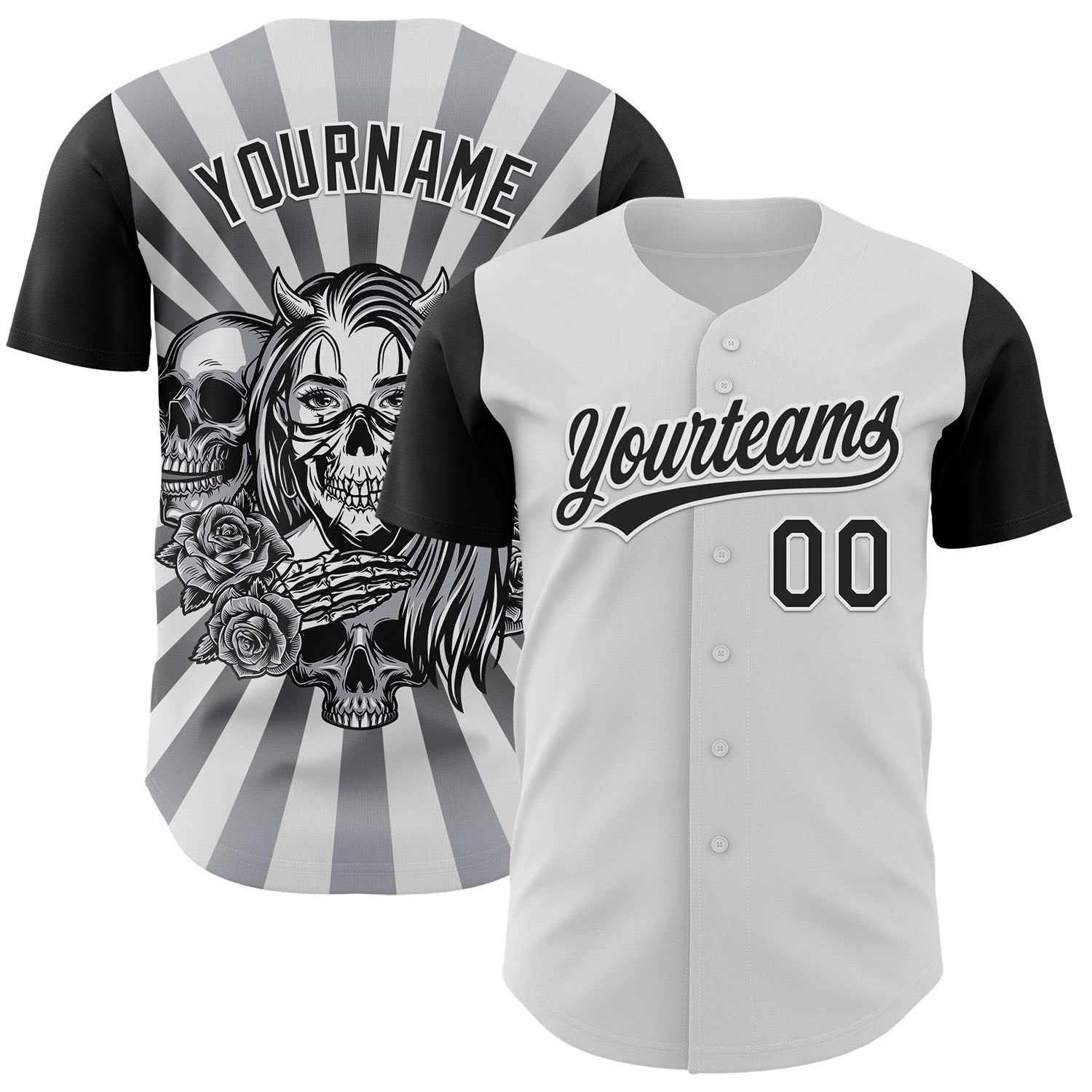 Custom White Black 3D Pattern Halloween Skull Authentic Baseball Jersey - Sky-Custom