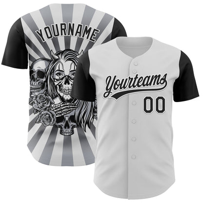 Custom White Black 3D Pattern Halloween Skull Authentic Baseball Jersey - Sky-Custom