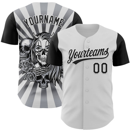 Custom White Black 3D Pattern Halloween Skull Authentic Baseball Jersey - Sky-Custom