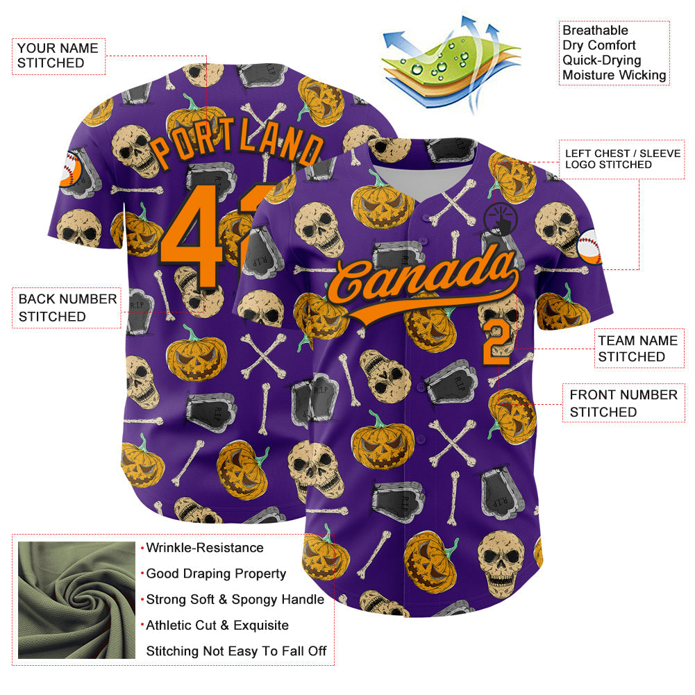 Custom Purple Bay Orange-Black 3D Pattern Halloween Skull Authentic Baseball Jersey - Sky-Custom