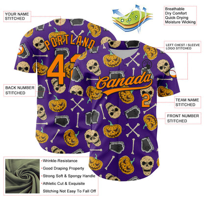 Custom Purple Bay Orange-Black 3D Pattern Halloween Skull Authentic Baseball Jersey - Sky-Custom