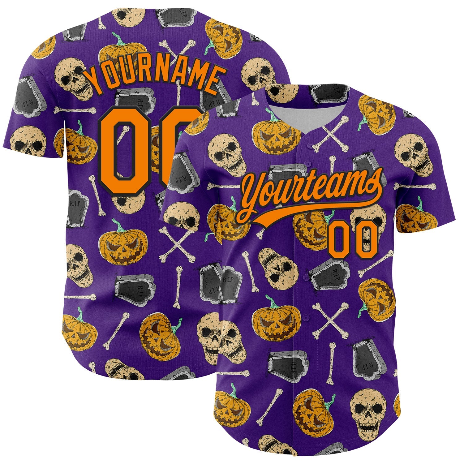 Custom Purple Bay Orange-Black 3D Pattern Halloween Skull Authentic Baseball Jersey - Sky-Custom