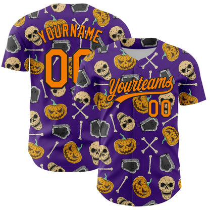 Custom Purple Bay Orange-Black 3D Pattern Halloween Skull Authentic Baseball Jersey - Sky-Custom