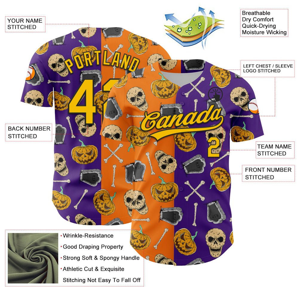 Custom Purple Yellow Bay Orange-Black 3D Pattern Halloween Skull Authentic Baseball Jersey - Sky-Custom