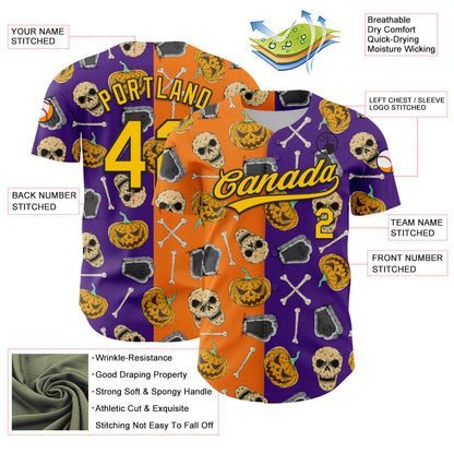 Custom Purple Yellow Bay Orange-Black 3D Pattern Halloween Skull Authentic Baseball Jersey - Sky-Custom
