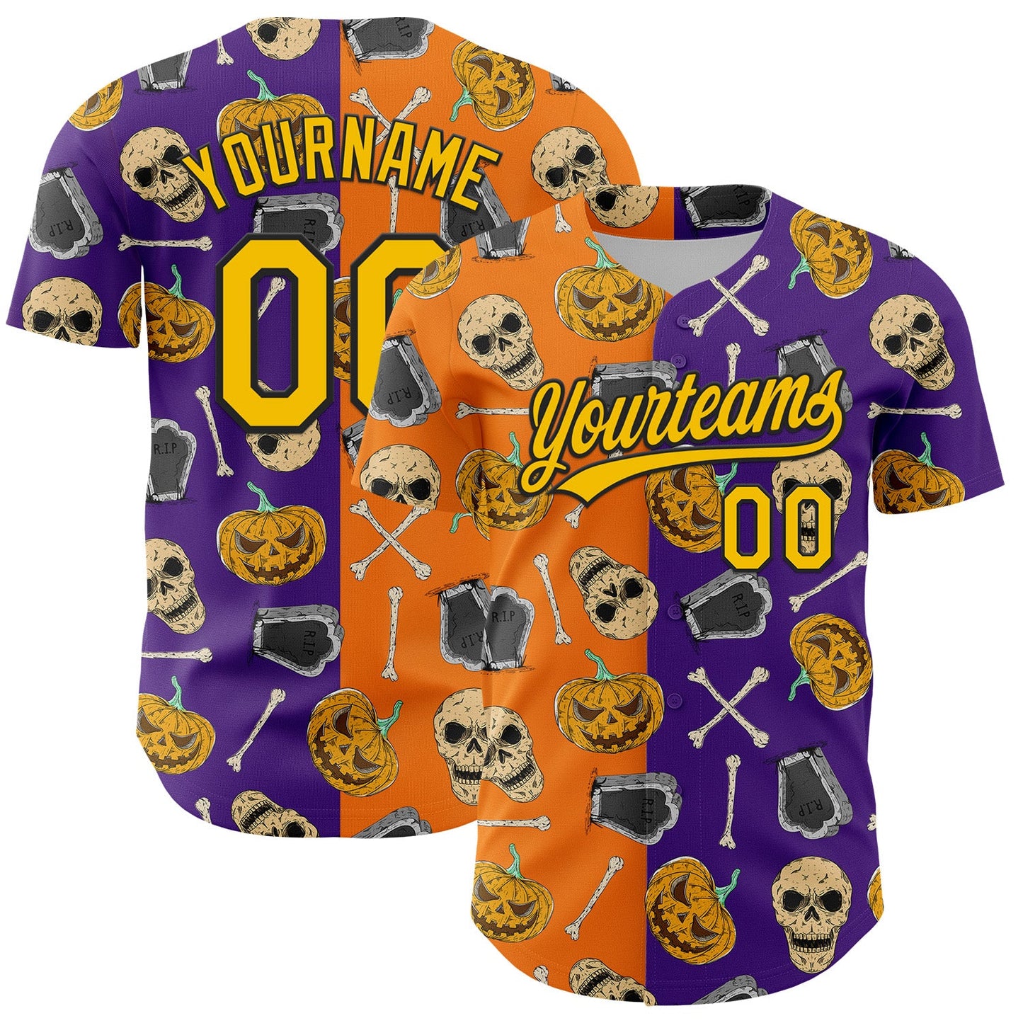 Custom Purple Yellow Bay Orange-Black 3D Pattern Halloween Skull Authentic Baseball Jersey - Sky-Custom