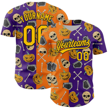 Custom Purple Yellow Bay Orange-Black 3D Pattern Halloween Skull Authentic Baseball Jersey - Sky-Custom