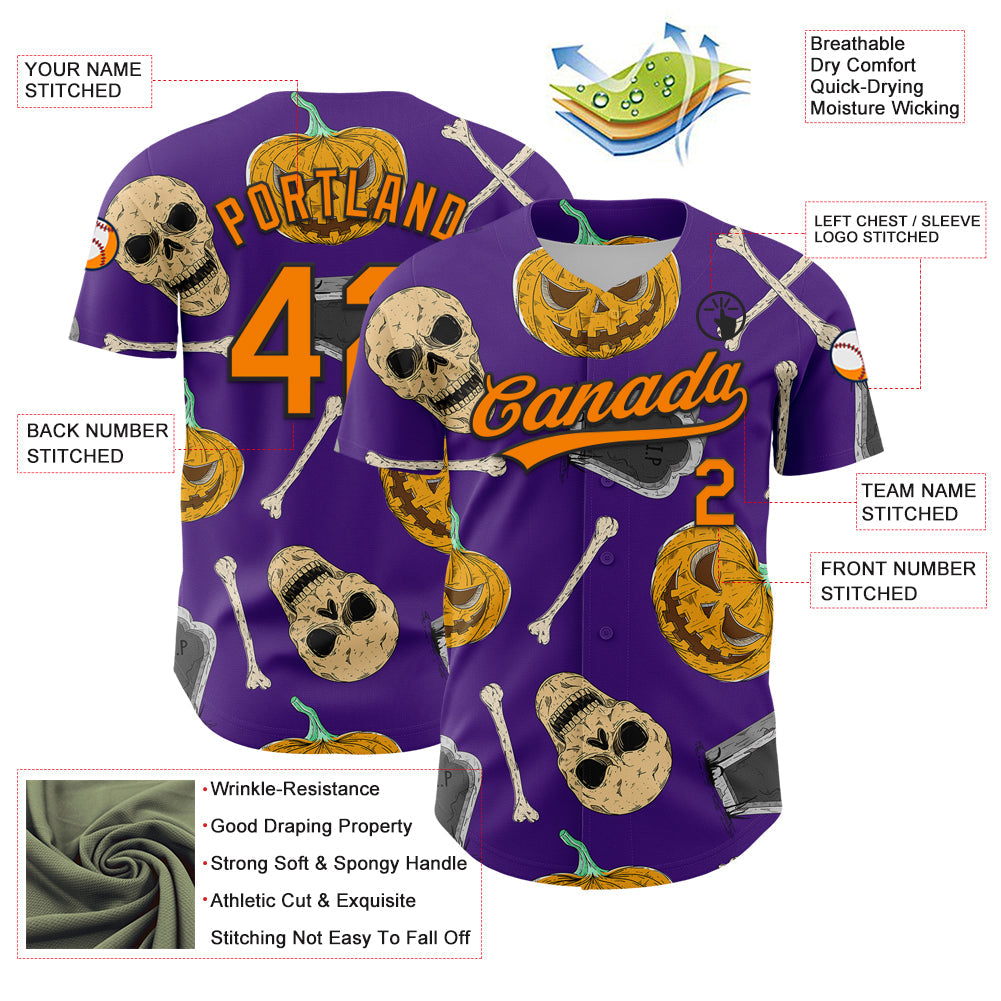 Custom Purple Bay Orange-Black 3D Pattern Halloween Skull Authentic Baseball Jersey - Sky-Custom