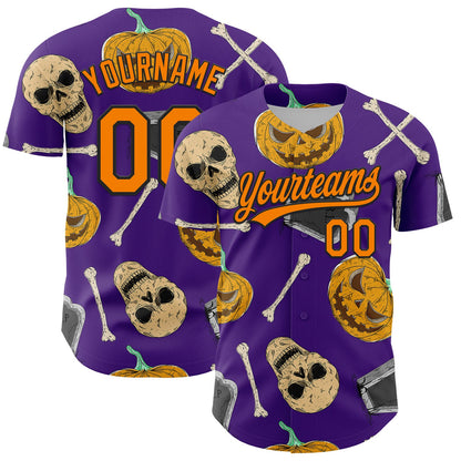 Custom Purple Bay Orange-Black 3D Pattern Halloween Skull Authentic Baseball Jersey - Sky-Custom