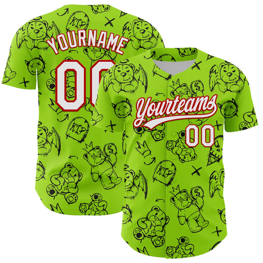 Custom Neon Green White-Red 3D Pattern Halloween Authentic Baseball Jersey - Sky-Custom