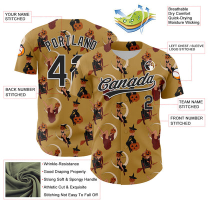 Custom Old Gold Black-White 3D Pattern Halloween Authentic Baseball Jersey - Sky-Custom