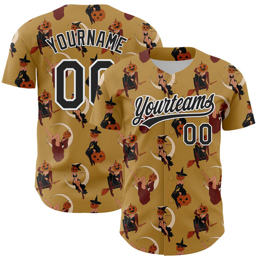 Custom Old Gold Black-White 3D Pattern Halloween Authentic Baseball Jersey - Sky-Custom