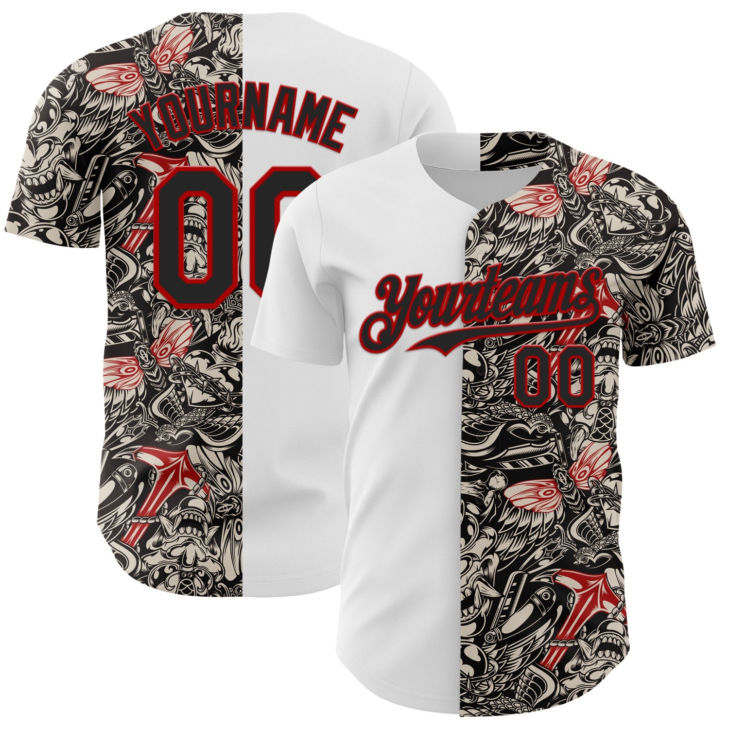 Custom White Black-Red 3D Pattern Design Vintage Tattoos Authentic Baseball Jersey - Sky-Custom