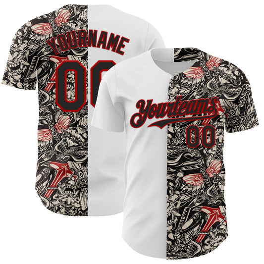 Custom White Black-Red 3D Pattern Design Vintage Tattoos Authentic Baseball Jersey - Sky-Custom