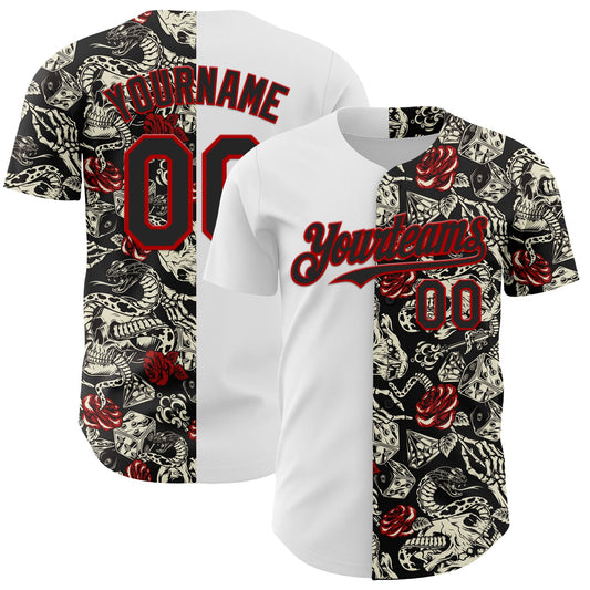 Custom White Black-Red 3D Pattern Design Vintage Tattoos Authentic Baseball Jersey - Sky-Custom