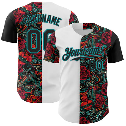 Custom White Black-Teal 3D Pattern Design Vintage Tattoos Authentic Baseball Jersey - Sky-Custom