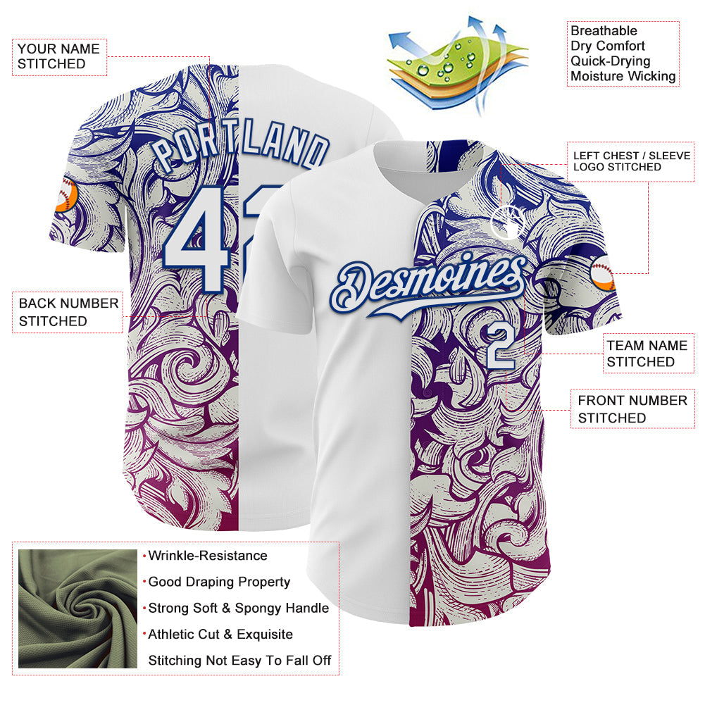 Custom White Royal 3D Pattern Design Vintage Tattoos Authentic Baseball Jersey - Sky-Custom