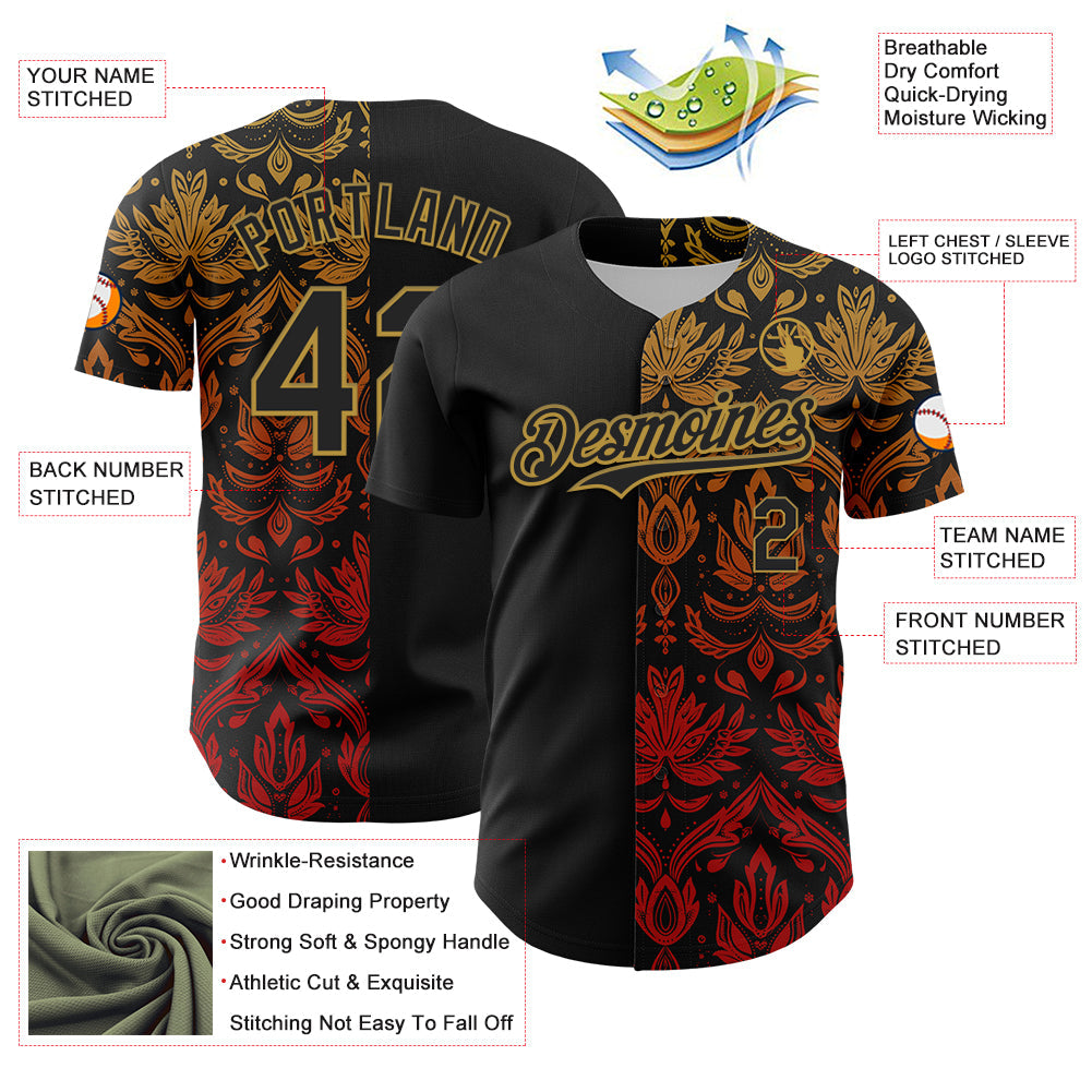 Custom Black Old Gold 3D Pattern Design Vintage Tattoos Authentic Baseball Jersey - Sky-Custom