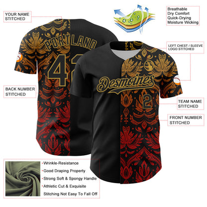 Custom Black Old Gold 3D Pattern Design Vintage Tattoos Authentic Baseball Jersey - Sky-Custom