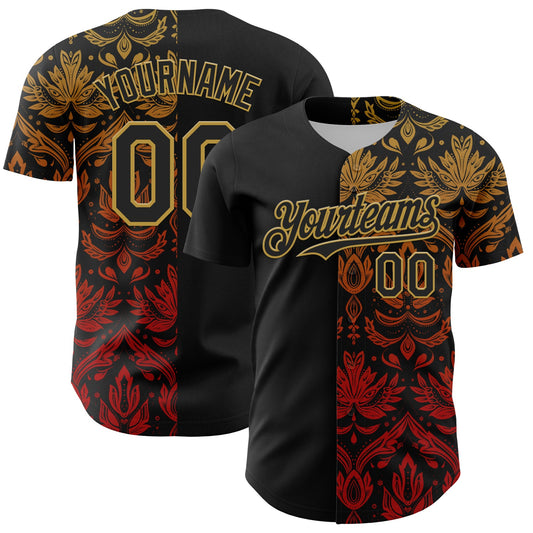 Custom Black Old Gold 3D Pattern Design Vintage Tattoos Authentic Baseball Jersey - Sky-Custom