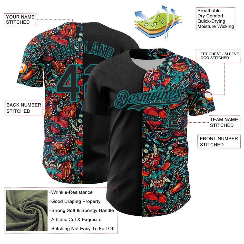Custom Black Teal 3D Pattern Design Vintage Tattoos Authentic Baseball Jersey - Sky-Custom