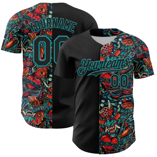 Custom Black Teal 3D Pattern Design Vintage Tattoos Authentic Baseball Jersey - Sky-Custom