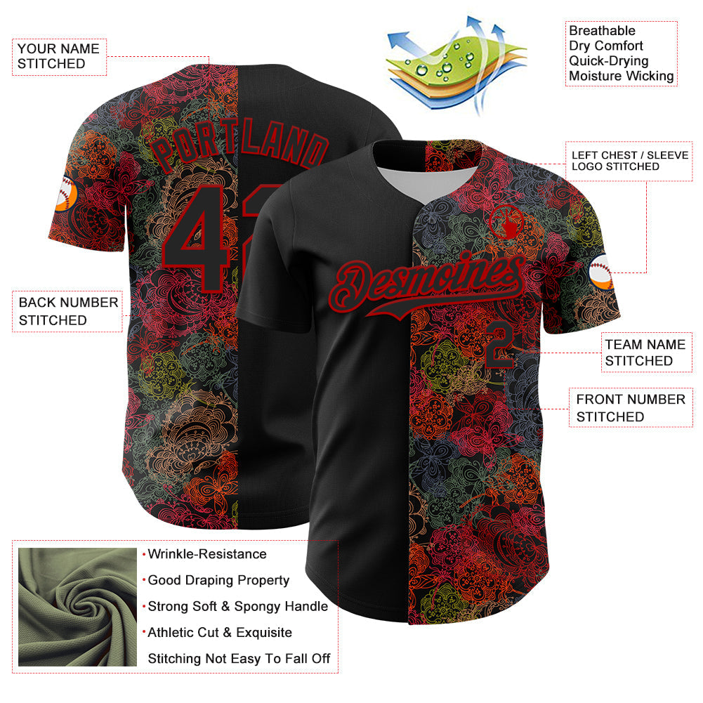 Custom Black Red 3D Pattern Design Vintage Tattoos Authentic Baseball Jersey - Sky-Custom