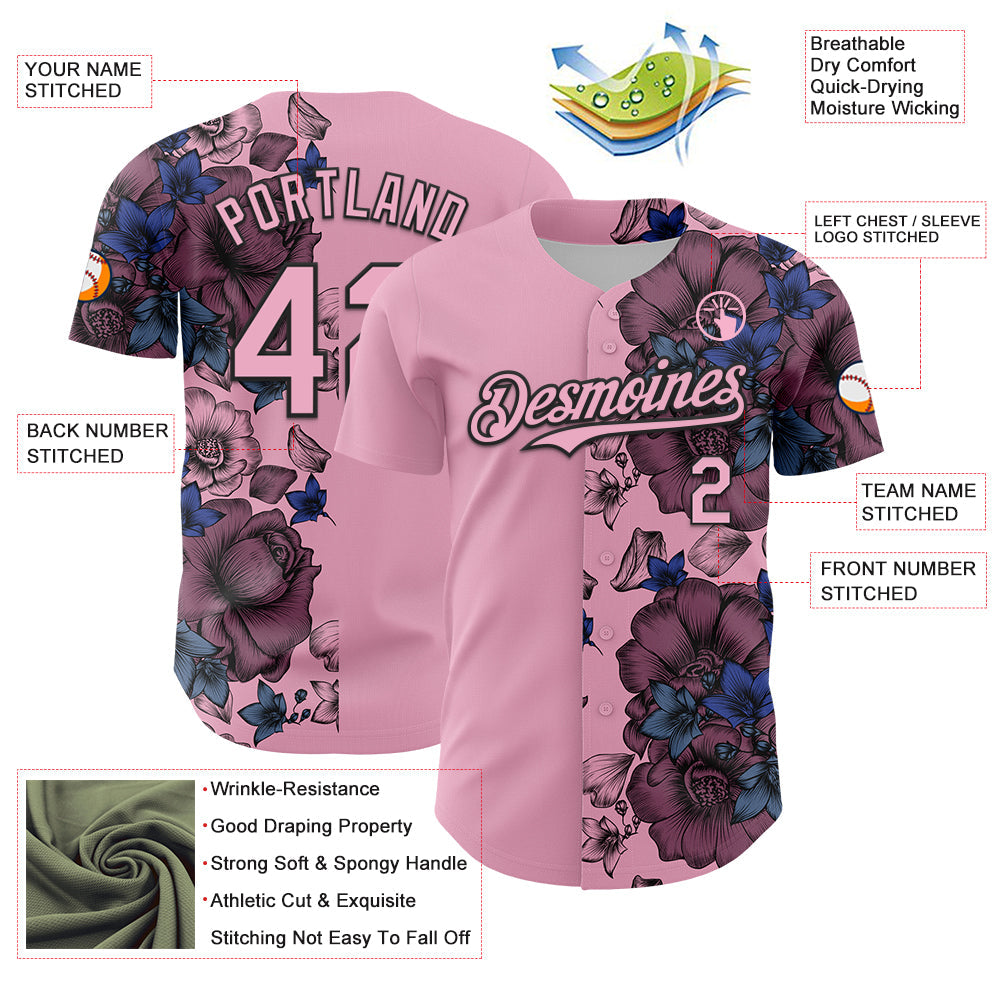 Custom Light Pink Black 3D Pattern Design Vintage Tattoos Authentic Baseball Jersey - Sky-Custom