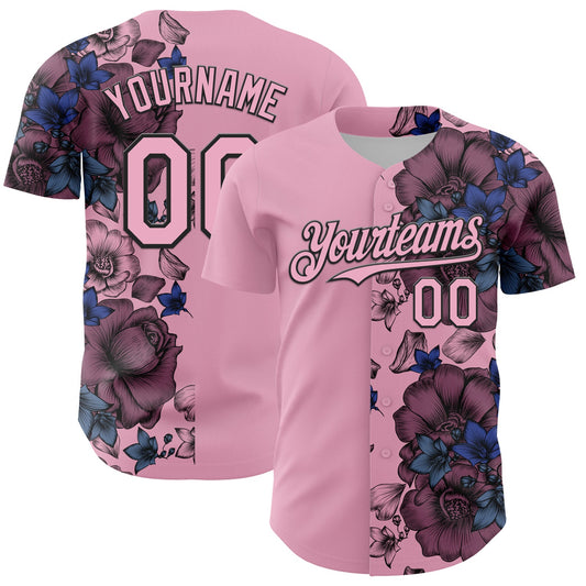 Custom Light Pink Black 3D Pattern Design Vintage Tattoos Authentic Baseball Jersey - Sky-Custom