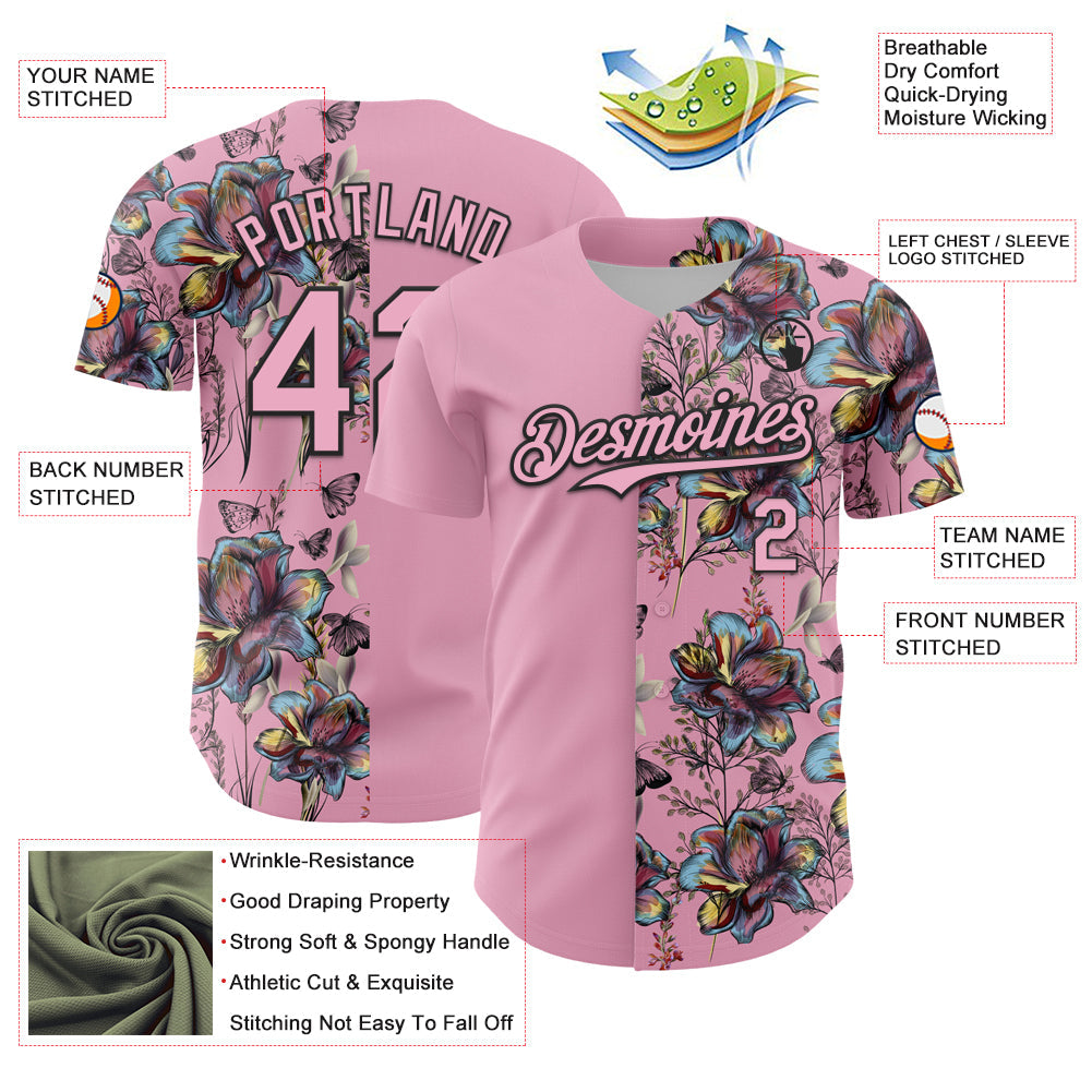 Custom Light Pink Black 3D Pattern Design Vintage Tattoos Authentic Baseball Jersey - Sky-Custom