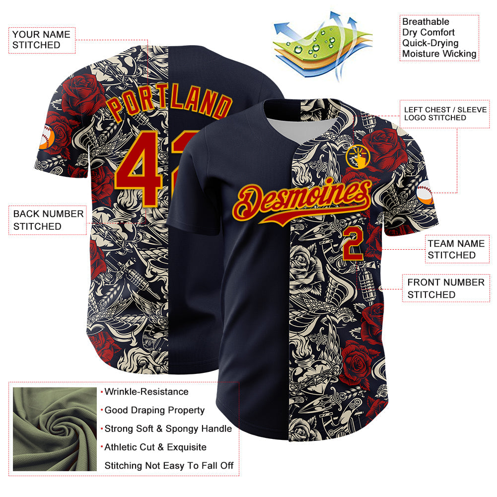 Custom Navy Red-Gold 3D Pattern Design Vintage Tattoos Authentic Baseball Jersey - Sky-Custom