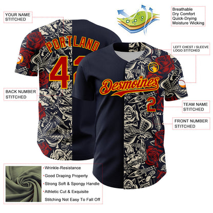 Custom Navy Red-Gold 3D Pattern Design Vintage Tattoos Authentic Baseball Jersey - Sky-Custom