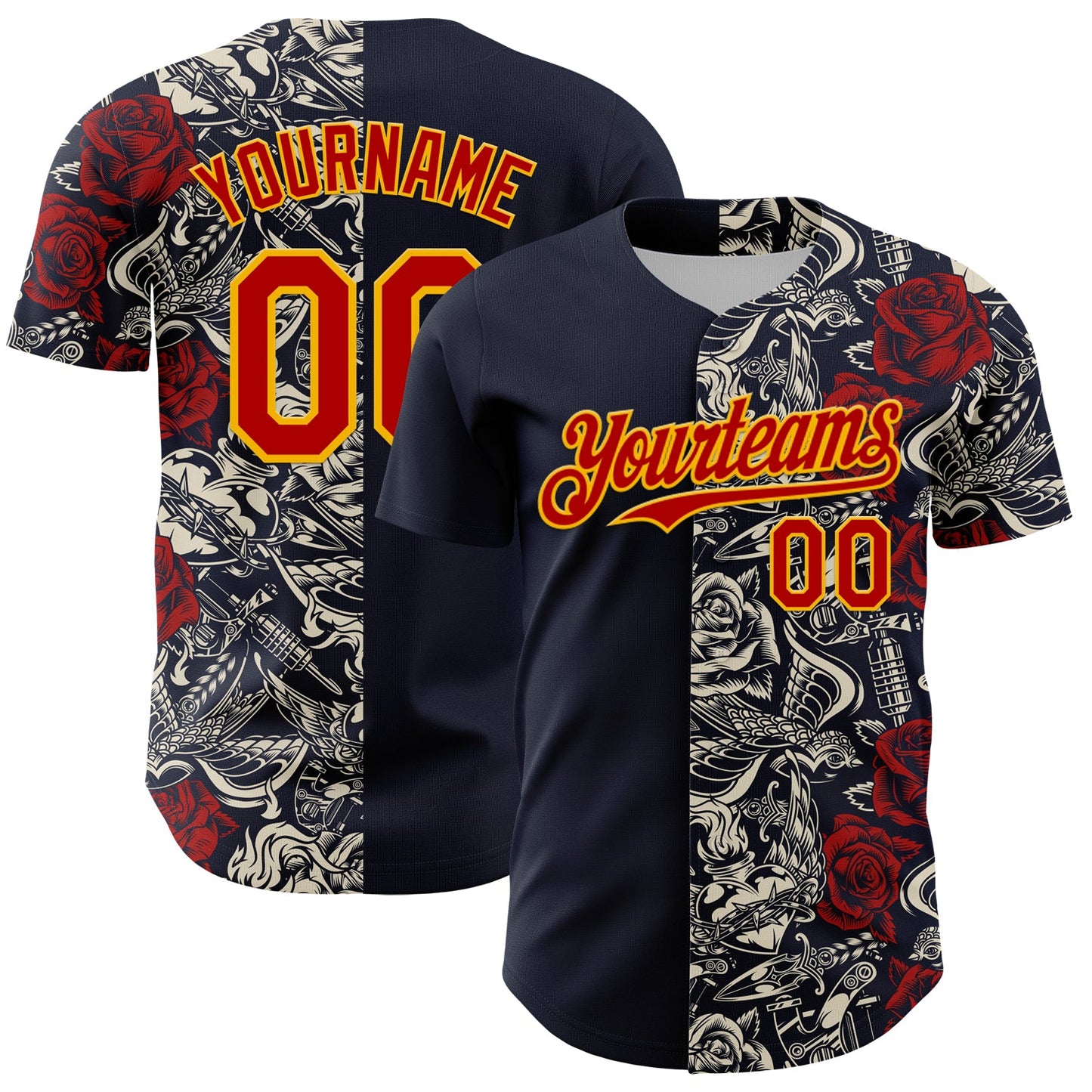 Custom Navy Red-Gold 3D Pattern Design Vintage Tattoos Authentic Baseball Jersey - Sky-Custom