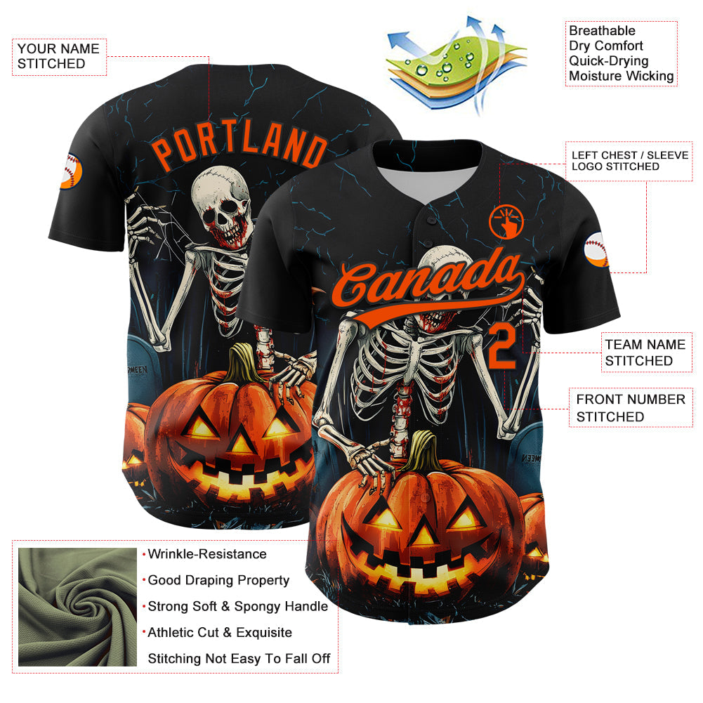 Custom Black Orange 3D Halloween Authentic Baseball Jersey - Sky-Custom