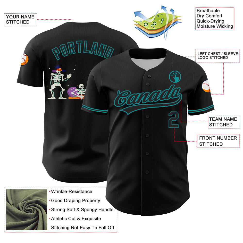 Custom Black Teal 3D Halloween Authentic Baseball Jersey - Sky-Custom