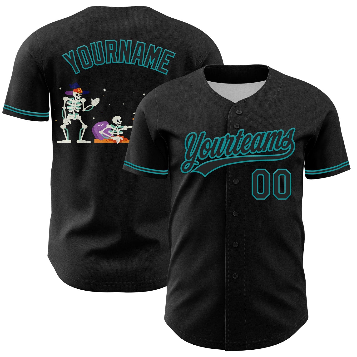 Custom Black Teal 3D Halloween Authentic Baseball Jersey - Sky-Custom