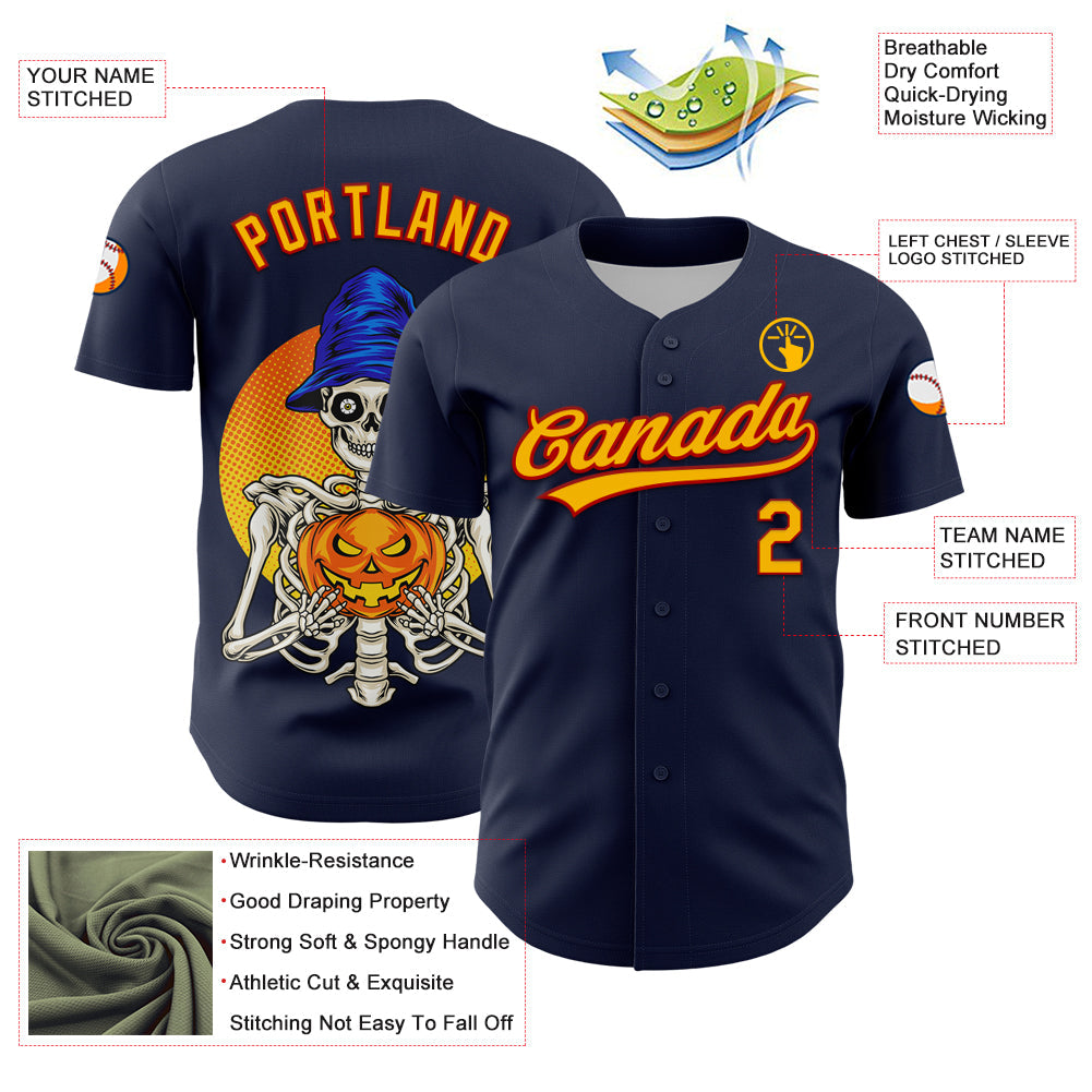 Custom Navy Gold-Red 3D Halloween Authentic Baseball Jersey - Sky-Custom